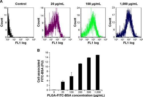 Figure 2 Cellular uptake of BSA encapsulated into PLGA NPs analyzed by flow cytometry.Notes: THP-1 monocyte-derived macrophages were treated with different concentrations of PLGA-FITC-BSA NPs for 3 hours, and fluorescence intensity was measured by flow cytometry. (A) Histograms showing fluorescence intensity at different NPs concentrations of a representative experiment. (B) Mean ± SEM fluorescence intensity of at least two experiments.Abbreviations: PLGA, poly(lactic-co-glycolic) acid; NPs, nanoparticles; BSA, bovine serum albumin; FITC, fluorescein isothiocyanate; SEM, standard error of the mean; FU, fluorescence unit.