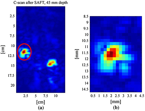 Figure 21. (a) SAFT image of the two bubble defects at a depth of 45 mm and (b) Enlarged view of the larger defect (circled).