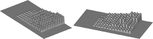 Figure 15. Two 3D views of depth distribution of the optimized texture obtained after 18,000 evaluations of the objective function. The maximum depth is 1.294, the minimum one is 0.0025.