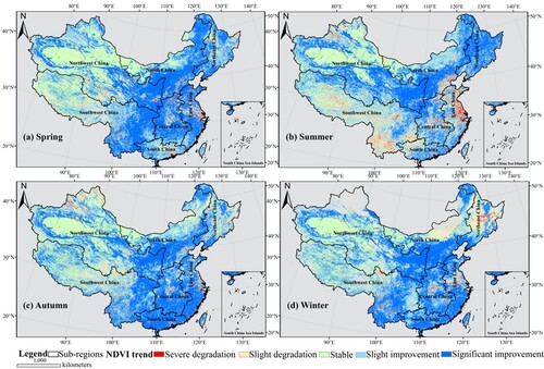 Figure 8. Spatial distribution of the 20-year seasonal NDVI trend over China. (a) Spring, (b) Summer, (c) Autumn and (d) Winter. Unvegetated areas were mostly ice-snow-covered, cloud-sheltered areas or water areas.