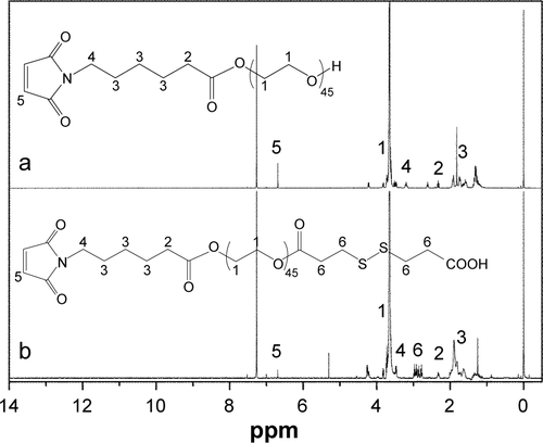 Figure S2 1H-NMR spectra of Mal-PEG-OH and Mal-PEG-COOH.Abbreviations: 1H-NMR, proton nuclear magnetic resonance; mPEG, methoxy poly(ethylene glycol); PEG, poly(ethylene glycol).