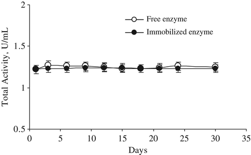 Figure 5. Storage stability of free and immobilized L-glutaminase from Hypocrea Jecorina at + 4°C.