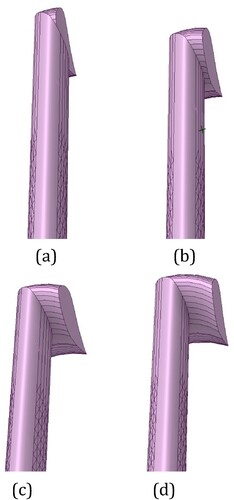 Figure 5. NREL Phase VI blade with winglet, tip region view (a) with maximum winglet length 51.47 mm & cant angle 76.9° oriented to the suction side, b) with maximum winglet length 71.09 mm & cant angle 80.6° oriented to the suction side, c) with maximum winglet length 90.62 mm & cant angle 84.3° oriented to the suction side, d) with maximum winglet length 110.3 mm & cant angle 88.2° oriented to the suction side.