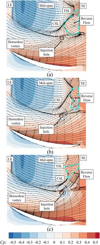 Figure 18. Cp contours and limiting streamlines on the suction surface and endwall (St = 0.975): (a) A¯ = 0.87; (b) A¯ = 1.00; (c) A¯ = 1.40. LE = leading edge; TE = trailing edge; CSL = corner separation line; TSL = trailing separation line.