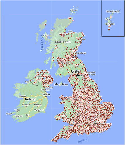 Figure 2. PANORAMIC recruitment from all four UK Devolved Administrations.>120,000 screened 4509 practices referred potential participants to 65 GP practice Hubs accounting for >25% of recruitment: participants came from >6000 GP practices (each red dot represents a GP Practice)Over 3000 randomised to nirmatrelvir/ritonavir vs usual care>25,708 randomised to molnupiravir vs usual care