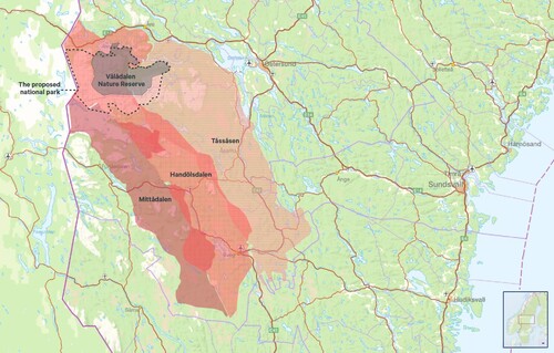 Figure 1. The Vålådalen-Sylarna-Helags area. Showing the existing nature reserve, the boundaries of the intended national park, and the territories of the three reindeer herding districts (boundaries are indicative only). (Cartographic sources: base map: SEPA; proposed park and nature reserve: CAB; reindeer herding: Sámi Parliament.)