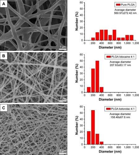 Figure 4 Scanning electron microscopic (SEM) images of electrospun nanofibers (×3,000).Notes: The average diameter was determined by calculating the diameters of 50 randomly selected fibers. (A) Pure poly(D,L)-lactide-co-glycolide (PLGA) nanofibers. (B) 4:1 w/w PLGA:lidocaine nanofibers. (C) 4:1 w/w PLGA:ketorolac nanofibers.