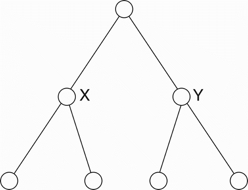 Figure 4. A complete binary tree whose internal nodes (X and Y) are shown in their ‘virtual’ form.
