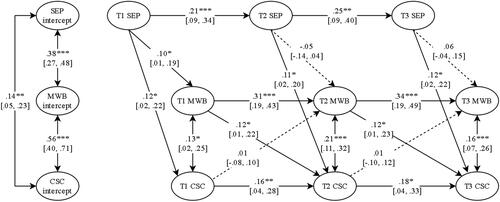 Figure 1. Simplified representation of mental well-being, caring school climate, and socioeconomisc position RI-CLPM.Note. Standardized estimates presented with 95% confidence interval in brackets. CSC = caring school climate, MWB = mental well-being, SEP = socioeconomic position.