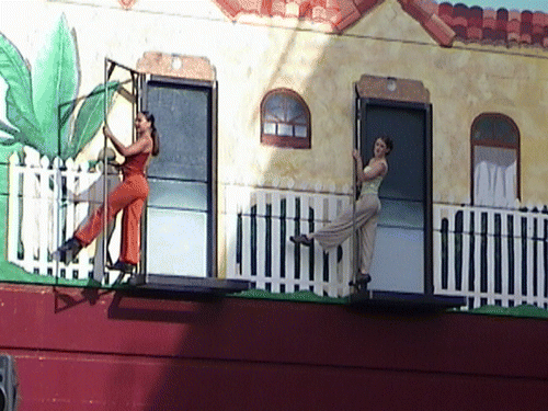 Figure 8 Dancers Christine Chen and Anje Marshall dance in unison on their doors. Photo: author.