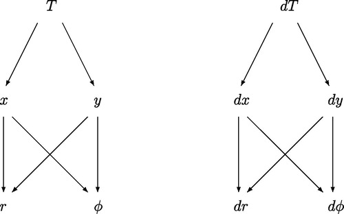 Figure 4. Shown on the left is the standard chain rule diagram for converting the temperature T in rectangular coordinates (x, y) to polar coordinates (r,ϕ). The diagram on the right shows the same situation, expressed in terms of differentials.