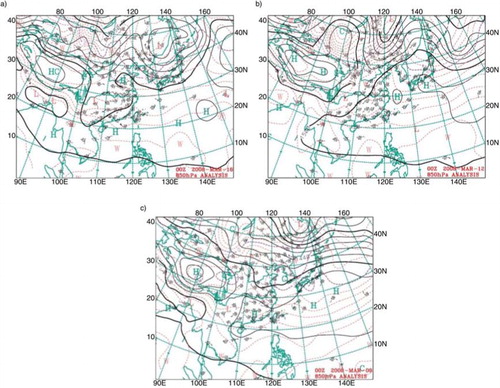 Fig. 12 Weather charts from Central Weather Bureau of Taiwan for geographic height of 850 hPa at 0000 UTC on (a) 16, (b) 12, and (c) 9 March.
