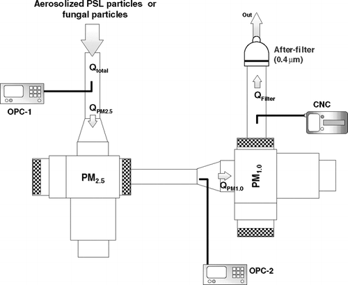 FIG. 1 Experimental setup: OPC = Optical Particle Counter; CNC = Condensation Nucleus Counter. Q = the air flow rate (l min− 1).