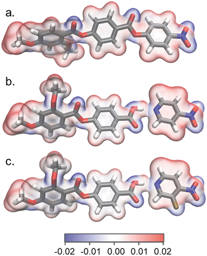 Figure 4. (Colour Online) Optimized geometries of RM734 (a) and complexes 1 (b) and 2 (c) at the B3LYP-GD3BJ/6-31g(d,p) level of DFT, with the electrostatic potential (ESP, isovalue = 0.04 au) on the 0.001 au electron density isosurface.