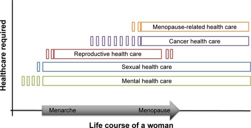 Figure 1 A representative graph showing the significant and predictable health care needs across the life course of a woman.