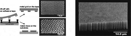 Figure 9. Pattern transfer onto a Si surface by metal deposition and dry etching. The right SEM image shows a pillar structure obtained after etching. Reproduced with permission from [Citation89] (Copyright 2004, American Society of Physics).