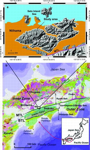 Figure 1. (a) Location map of the study area; and (b) geological outline of Shikoku Island (modified after Bhandary et al. Citation2013).