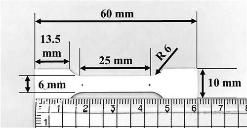 Figure 2. Schematic illustration of the tensile test sample of the 3D printed Scalmalloy. The size and geometry of the sample is referred to ASTM E8 standard.
