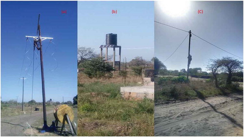 Figure 2. Examples of electrification of rural areas in Mozambique using on-grid system in (a) and (c) by EDM and using an off-grid PV system for water supply by FUNAE (b) (photo by Miguel M. Uamusse).