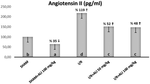 Figure 7. Effect of aliskiren treatment on serum angiotensin II levels in rats. Notes: ALI: aliskiren, I/R: ischemia/reperfusion. Means in the same column by the same letter are not significantly different to the test of Duncan (p = 0.05). Results are means ± SD.