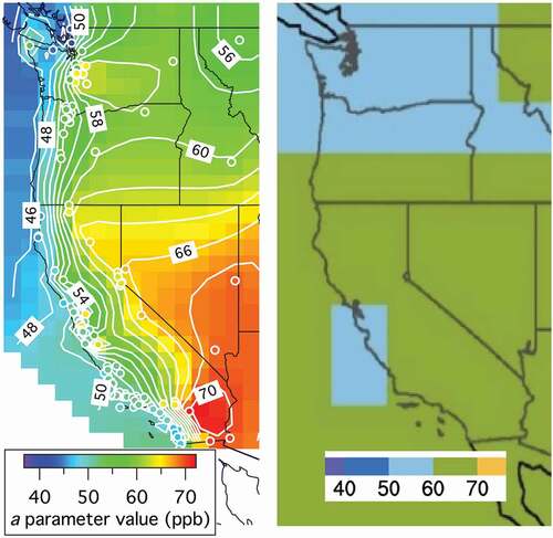 Figure 9. Two estimates of the spatial variability of US background ODVs. (Left) Contour map developed from a parameter values determined in this work (with inclusion of preliminary results from ODV time series fits in Nevada, Arizona and Utah), augmented by extrapolation over the Pacific and into southern Canada. Symbols indicate individual monitoring sites included in the analysis with the same color coding. (Right) Annual 4th highest MDA8 ozone concentration averaged over 2010–2014, from a GFDL-AM3 model simulation with North American anthropogenic emissions zeroed out (figure reproduced from a section of Figure 3 of Jaffe et al. Citation2018).