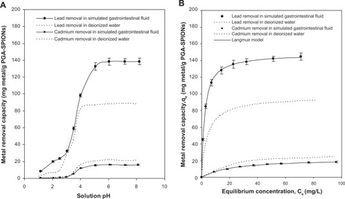 Figure 9 Solution pH variation (A) and isotherm (B) studies for removal of lead and cadmium by PGA-SPIONs from simulated gastrointestinal fluid.Abbreviation: PGA-SPIONs, poly(γ-glutamic acid)-superparamagnetic iron oxide nanoparticles.