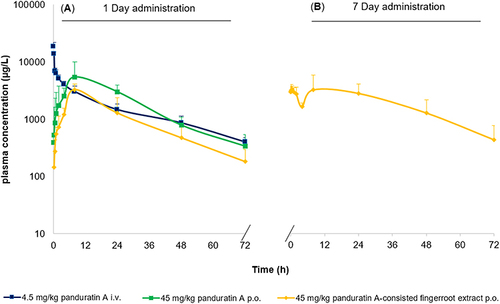 Figure 2 Plasma concentration-time profile of panduratin A after intravenous dosing as 4.5 mg/kg pure panduratin A, and oral dosing as 45 mg/kg pure panduratin A, and 45 mg/kg panduratin A-consisted fingerroot extract. (A) single administration on day 1. (B) multiple administration for 7 consecutive days.
