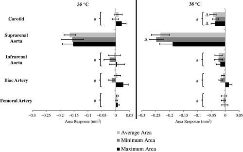 Figure 4. The response to dobutamine (dobutamine – baseline) for average, minimum and maximum areas at 35 °C (left) and 38 °C (right) (n = 8 adult male mice). Comparing response between 35 and 38 °C at a given location, e.g., compare response at 35 to response at 38 for the suprarenal aorta (Δ). For a given temperature, the three responses at all other locations were significantly different from the corresponding values at the suprarenal aorta (#). Significance set at p < .05.
