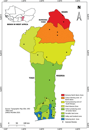 Figure 1. Map of Benin showing the eight agro-ecological zones and 21 markets surveyed.