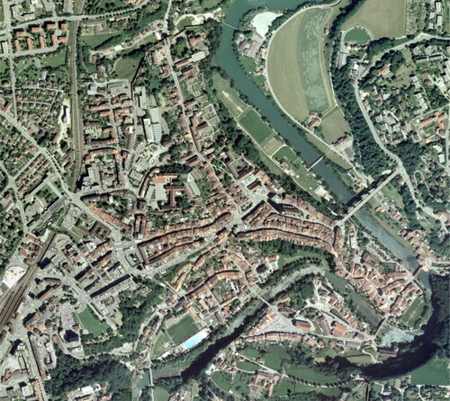 Figure 5. A sample orthophoto, with a resolution of 50 cm, showing the study area of Fribourg, Switzerland. This photo comes from Swisstopo (Citation2013) and must only be used for visualization purposes in this paper. Reproduced with permission of Swisstopo (BA13016).