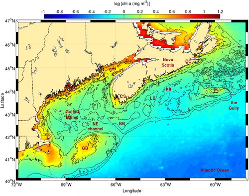 Fig. 8 Chl-a concentration climatology (1998–2010) for the Scotian Shelf and the Gulf of Maine. The 50, 100, 200, and 1000 m isobaths are shown. See Fig. 7 for acronyms.