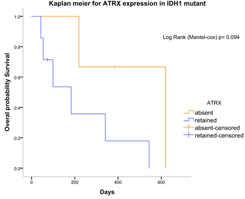 Figure 9 Kaplan-Meier survival analysis demonstrating that ATRX absent in IDH1 mutant. Glioma patients (yellow Line) had a longer overall survival but not significant (p = 0.094; Log rank test).