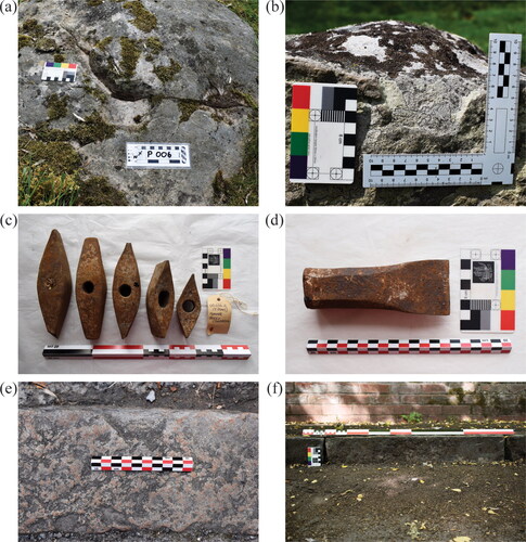 FIG. 10 Wiltshire sarsen quarry evidence, tools and products: (a) stone [6] in Piggledene marked by a chiselled guide-line (below scale bar) and cut with two wedge-pits; (b) a wedge-pit scar in stone [12], Piggledene; (c) five pecker heads for working sarsen (DZSWS/GB236/2, Wiltshire Museum, Devizes); (d) a slicing chisel for working sarsen (DZSWS/GB236/1, Wiltshire Museum, Devizes); (e) a sarsen kerbstone retaining a wedge-pit scar, Purton, Wiltshire; (f) sarsen kerbstones, Wroughton, Wiltshire (photographs © author).