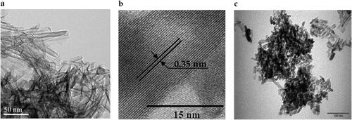 Figure 4. TEM (a) and HR-TEM (b) images of NT, and c. TEM of 0.8 wt% Sr-NT.