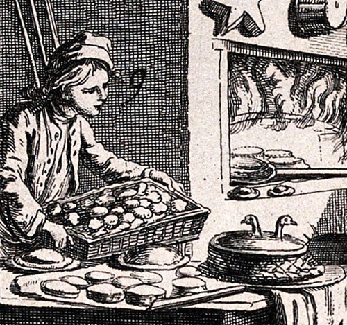Figure 7. Detail from “Many people are busy in the baker’s kitchen preparing cakes, pastries, pies and bread,” n.D., Wellcome Collection 31301i. Engraving by Bernard. Wellcome Collection. Public Domain Mark. Plate from Denis Diderot, Jean-Baptiste le Rond d’Alembert (eds.): Encyclopédie ou Dictionnaire raisonné des sciences, des arts et des métiers (Paris 1763).
