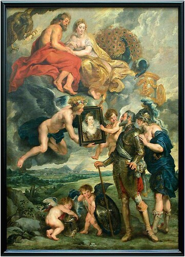 Figure 5. Painting no 7 in the cycle. Henri IV reçoit le portrait de Marie de Médicis et se laisse désarmer par l’Amour, Peter Paul Rubens, 1622–1625. INV 1772, MR 963, height 3.94 m, width 2.95 m. Oil on canvas, photograph © 2003 Musée du Louvre / Angèle Dequier.