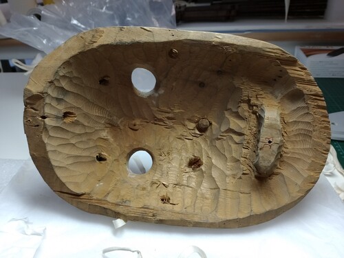 Figure 15. Wolf mask, reverse showing tool marks. Yup’ik mask 101592. Anima Mundi, Vatican Museums. Photo Ellen Pearlstein.