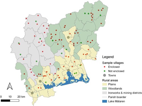 Figure 3. Map over Västmanland with sample and rural areas. Source: Enclosure acts, Lantmäteriet (www.historiskakartor/lantmateriet.se). For rural areas, see note 27.