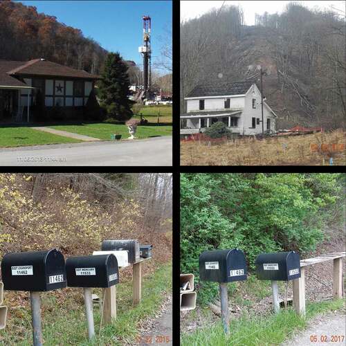 Figure 5. The top left image (11.06.13) shows a Mobley resident’s home with fracking infrastructure located only a few hundred feet away. The top right image shows an abandoned home that was purchased by Mark West, with a pipeline on the hillside behind it, as indicated by the loss of trees on the right-of-way. The bottom two images demonstrate the loss of residents through time. In the bottom-left image (11.22.15), the mailboxes on the left are EQT mailboxes, while the mailboxes on the right are for residential homes. In the bottom-right image (05.02.17), a year and a half later, only the EQT mailboxes remain