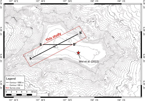 Figure 2. Contour map of the Xufu Guyot. The A-A′ and B-B′ cross section lines in Figure 5 are shown. Seafloor observation by ROV and drilling survey by BMS were conducted on the A-A′ cross section line, and SBP survey was conducted from a ship on the B-B′ cross section line. Star mark is the sample location of the volcanic rock sample that shows 116.4 Ma based on40Ar/39Ar dating (Wei et al. Citation2022). Yamaoka et al. (Citation2022) reported volcanic rocks with K-Ar ages of 80.0 ± 2 Ma and 86.5 ± 2 Ma in this guyot, although the sample locations are unknown. The red dotted box is the study area.