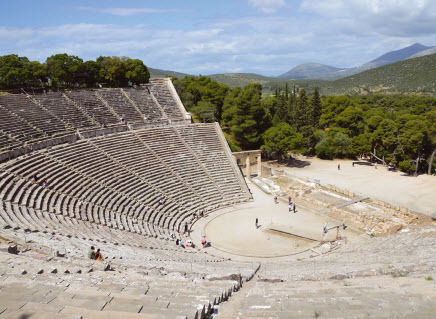 Figure 2. The great theatre of Epidaurus, designed by Polykleitos the Younger in the fourth century BCE, Sanctuary of Asklepeios at Epidaurus, Greece, by Carole Raddato from Frankfurt, Germany. CC BY-SA 2.0, https://commons. wikimedia.org/w/index. php?curid=37881743.