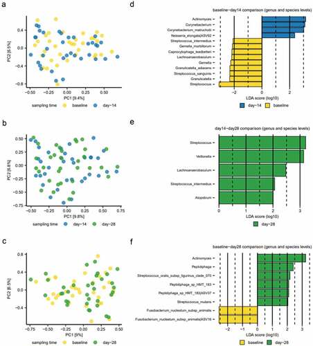 Figure 3. Compositional changes induced by sugar stress. Principal component analysis (PCA) is expressed by the two most decisive components (PC1 and PC2), which covered approximately 16% of the variation of the dataset. (A) baseline vs. week 2. (B) week 2 vs week 4. (C) baseline vs week 4. Linear discriminant analysis Effect Size (LEfSe) analysis expressed by significant genera and species at baseline vs. week 2 (D), week 2 vs week 4 (E), and baseline vs week 4 (F).