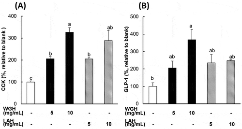 Figure 4. CCK and GLP-1 secretion in response to WGH or LAH in enteroendocrine cells.(a) The CCK levels were measured in the supernatants of STC-1 cells after exposure to the test hydrolysates (WGH or LAH) at 5–10 mg/mL for 1 h. (b) The GLP-1 levels were measured in the supernatants of GLUTag cells after exposure to the test hydrolysates (WGH or LAH) at 5–10 mg/mL for 1 h. The level relative to the blank (considered to be 100%) is presented. The results are expressed as the mean ± SEM of three to seven wells. Bars not sharing the same letters differ significantly (P < 0.05 by Tukey-Kramer test).