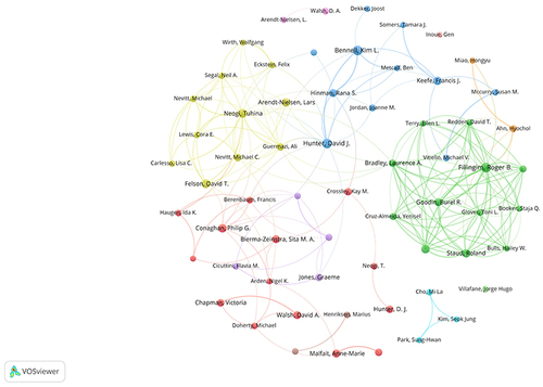 Figure 4 Network visualization map of co-authorship in osteoarthritis pain research.