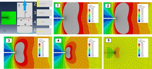 2 Two-dimensional part, mesh and models (1–5) used for FEM simulations with relative σ22 distribution