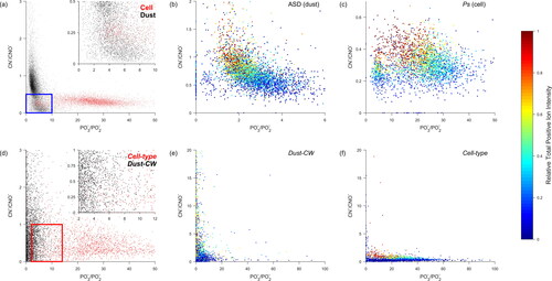 Figure 2. (a) Individual mass spectra for all cellular standards (red) and dust standards (black) plotted in 79PO3−/63PO2− versus 26CN−/42CNO− space. The blue box in the inset highlights a region of high overlap between the two particle types. Individual (b) ASD and (c) Ps mass spectra in 79PO3−/63PO2− versus 26CN−/42CNO− space. (d) Individual mass spectra for all Cell-type (red) and Dust-CW (black) particles plotted in 79PO3−/63PO2− versus 26CN−/42CNO− space. The red box in the inset highlights a region of high overlap between the two particle types. Individual (e) Dust-CW and (f) Cell-type mass spectra in 79PO3−/63PO2− versus 26CN−/42CNO− space. Warmer shades indicate higher total positive ion intensities.