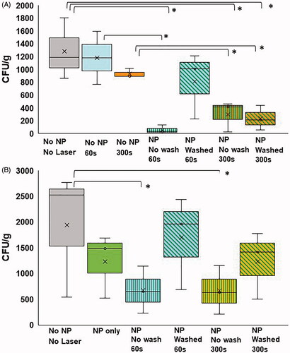 Figure 6. (A) CFU/g of artificial kidney stones treated with no NPs and no NIR (gray); no NPs, 60 s NIR (blue); no NPs, 300 s NIR (orange); NPs, no wash, 60 s NIR (blue with green horizontal lines); NPs, washed, 60 s NIR (blue with diagonal green lines); NPs, no wash, 300 s NIR (orange with green horizontal lines); NPs, washed, 300 s NIR (blue with diagonal green lines) (* indicates statistical significance between groups p < 0.05). (B) CFU/g of patient-derived kidney stones treated with no NPs, no NIR (gray); NPs only, no NIR (green); NPs, no wash, 60 s NIR (blue with green horizontal lines); NPs, washed, 60 s NIR (blue with diagonal green lines); NPs, no wash, 300 s NIR (orange with green horizontal lines); NPs, washed, 300 s NIR (orange with diagonal green lines) (* indicates statistical significance between groups p < 0.05).