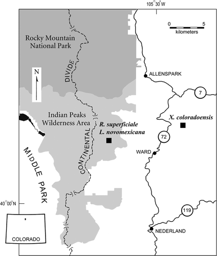 Figure 2 Map showing the locations of lichen-measurement sites. Route 72 is the Peak-to-Peak Scenic Byway.