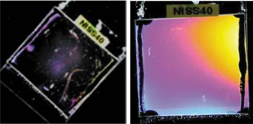 Figure 12. (Colour online) Photograph of the cell containing composite alignment layer made from 90 wt% SE7992 and 10%wt NOA69 taken in polarising microscope between crossed polarisers. The differentcolours in the photograph are due to difference in the cell gap distribution in the cell. The measured contrast ratio of the cell is 1:2150.