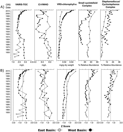 Figure 5. (A) Trends in visible–near-infrared spectroscopy (VNIRS) inferred lakewater total organic carbon (TOC) concentrations, chironomid-inferred volume-weighted hypolimnetic oxygen (CI-VWHO) concentration, visible range spectroscopy (VRS) inferred sedimentary chlorophyll a (and its main diagenetic products) concentrations, percent relative abundance of small cyclotelloid taxa (including Lindavia comensis, L. gordonensis, L. michiganiana, L. ocellata, L. radiosa, Cyclotella cyclopuncta, C. tripartita, and Discostella stelligera), and percent relative abundance of Cyclostephanos and Stephanodiscus taxa (including S. medius, S. niagarae, and S. minutulus in the east basin and S. medius, S. niagarae, S. minutulus, and C. invisitatus in the west basin). The east basin is depicted in gray circles and the west basin is depicted in black circles. Data have been plotted against the 210Pb dates generated by the constant rate of supply (CRS) model. Dates past background 210Pb activity (1936 in the east basin and 1870 in the west basin) have been extrapolated using second-order polynomials for both basins and should be interpreted with caution. (B) Plots depict the same data standardized using Z-scores to better assess directional trends in each variable. To aid in the visualization of trends, a Z-score value of 0 is marked on each plot by a vertical gray line.